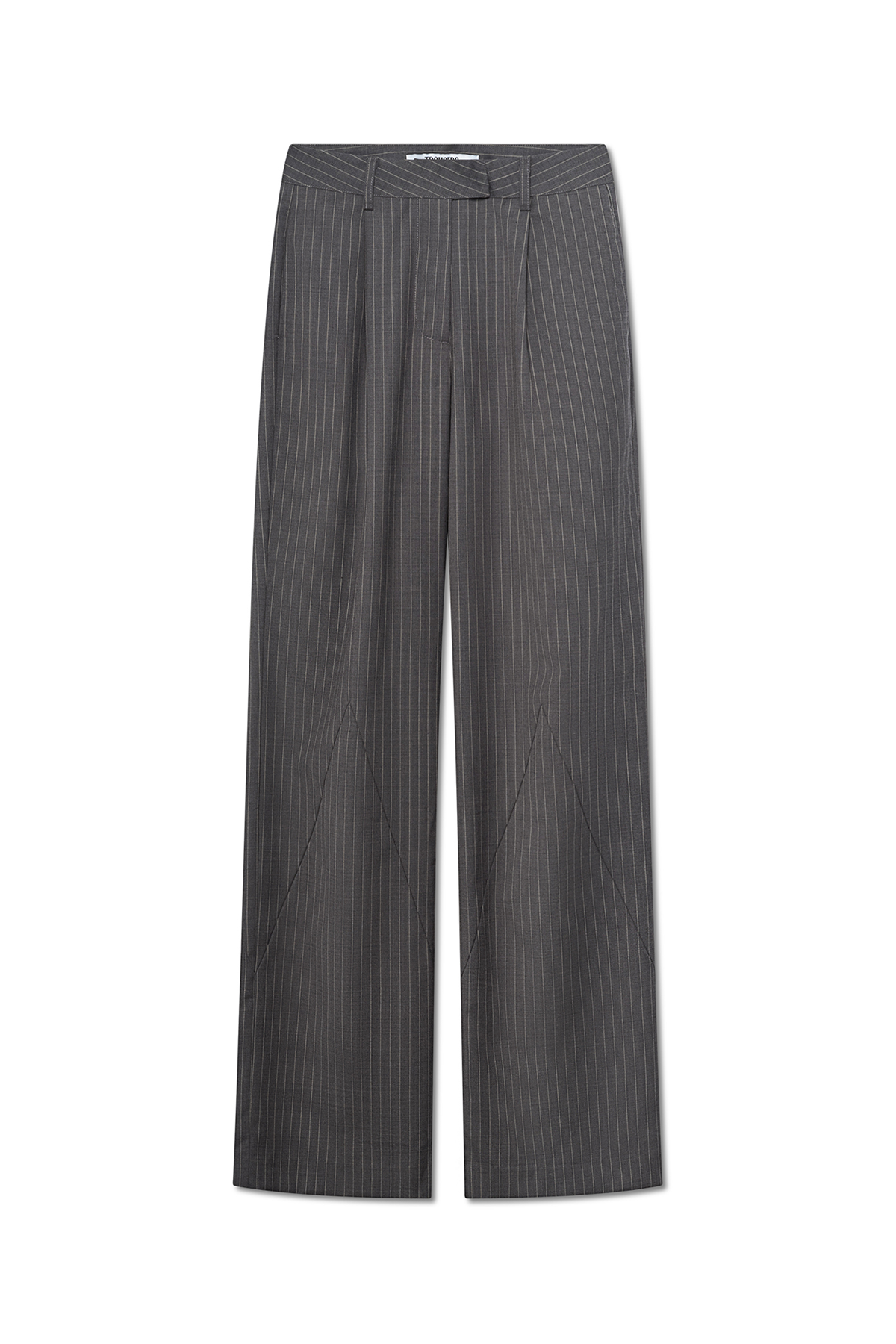 Front view of the Sloane Trouser in gray pinstripe, showcasing the elegant design.