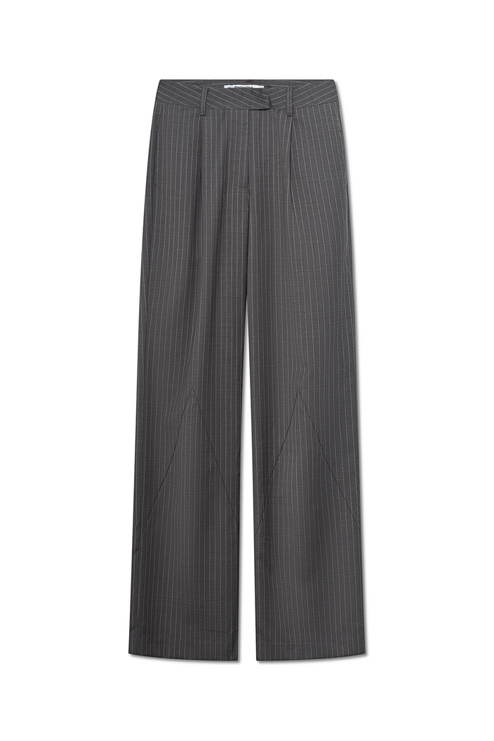 Front view of the Sloane Trouser in gray pinstripe, showcasing the elegant design.