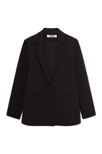 Front view of women's black oversized blazer single-button closure