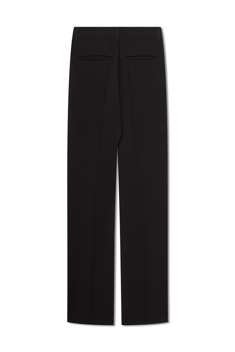 Back view of the Didi Pant in black, featuring front pintucks and a straight leg fit with belt loops