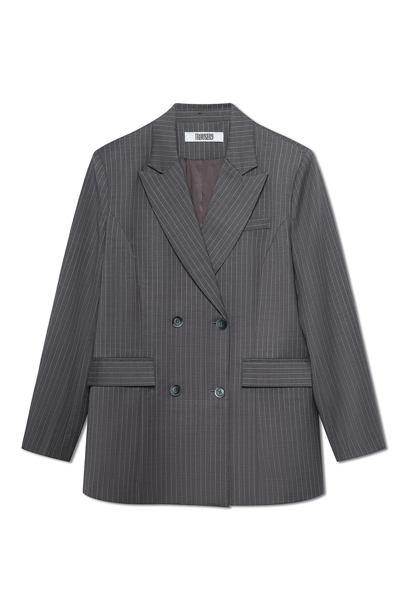 Front view of the women's grey double-breasted pinstripe blazer with a sophisticated design