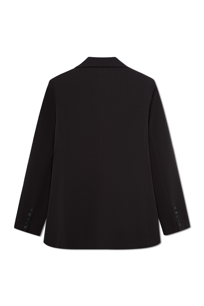 Back view of black oversized blazer for women with a loose fit and clean lines