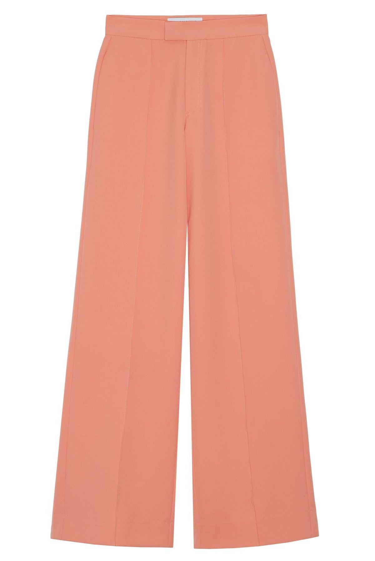 Front view of women's high-waisted peach wide leg pants with front pintucks