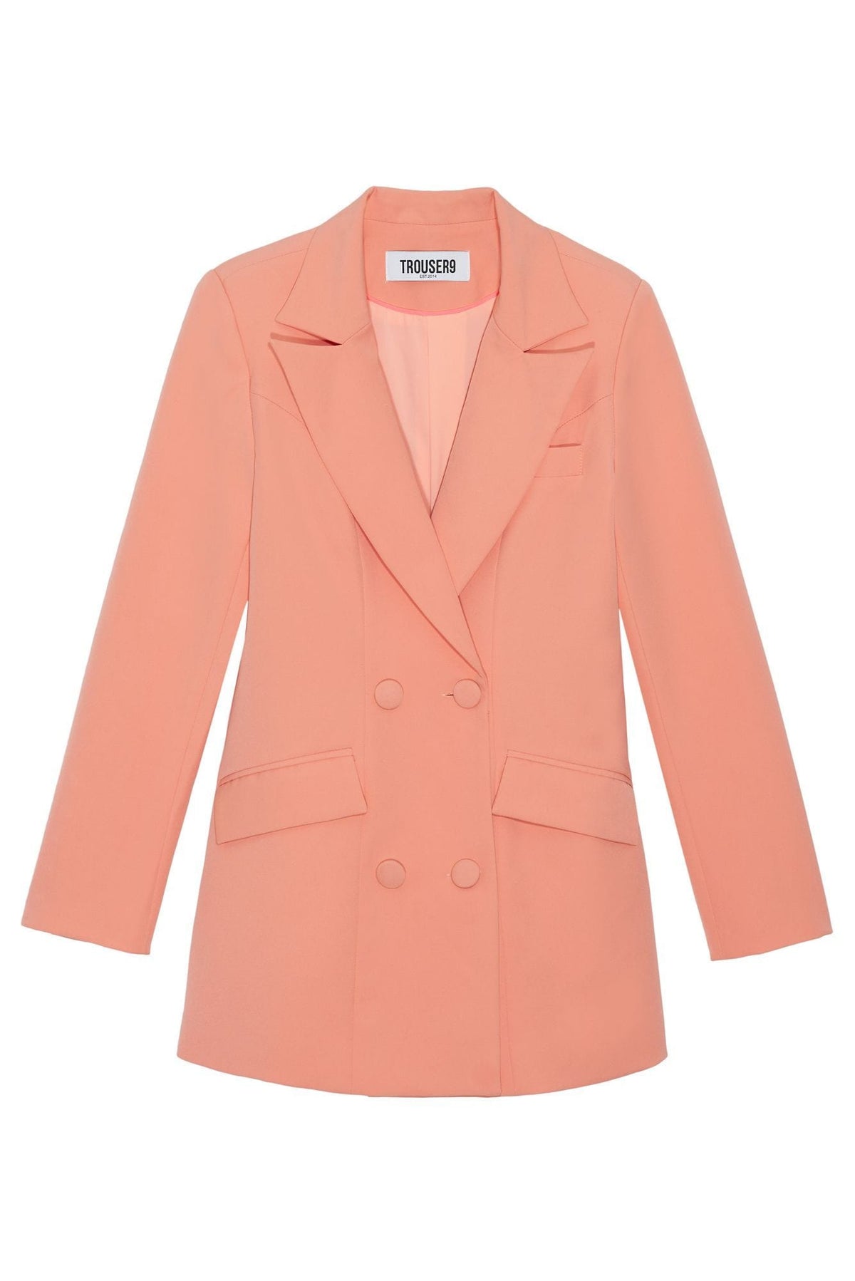 Side view of peach suit blazer showing double-breasted design and notch lapel