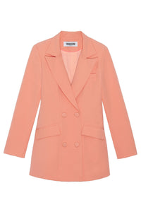 Side view of peach suit blazer showing double-breasted design and notch lapel